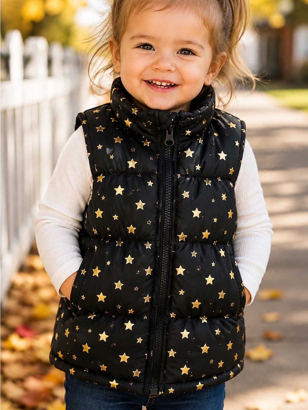 Healthtex Girls 2T Black Puffer Vest Metallic Gold Star Print